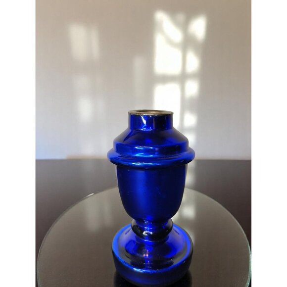 Cobalt Blue Glass Taper Candle Holder, Silver Inset, Metallic Blue Elegant - Picture 1 of 3